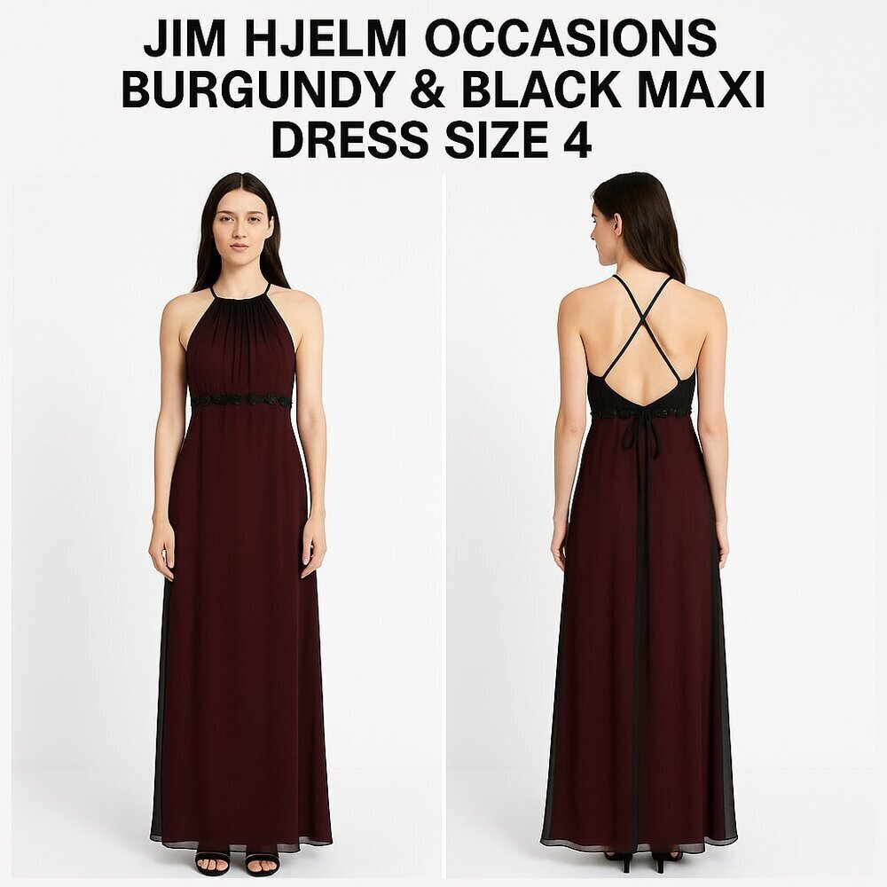 JIM HJELM OCCASIONS BURGUNDY & BLACK MAXI DRESS SIZE 4